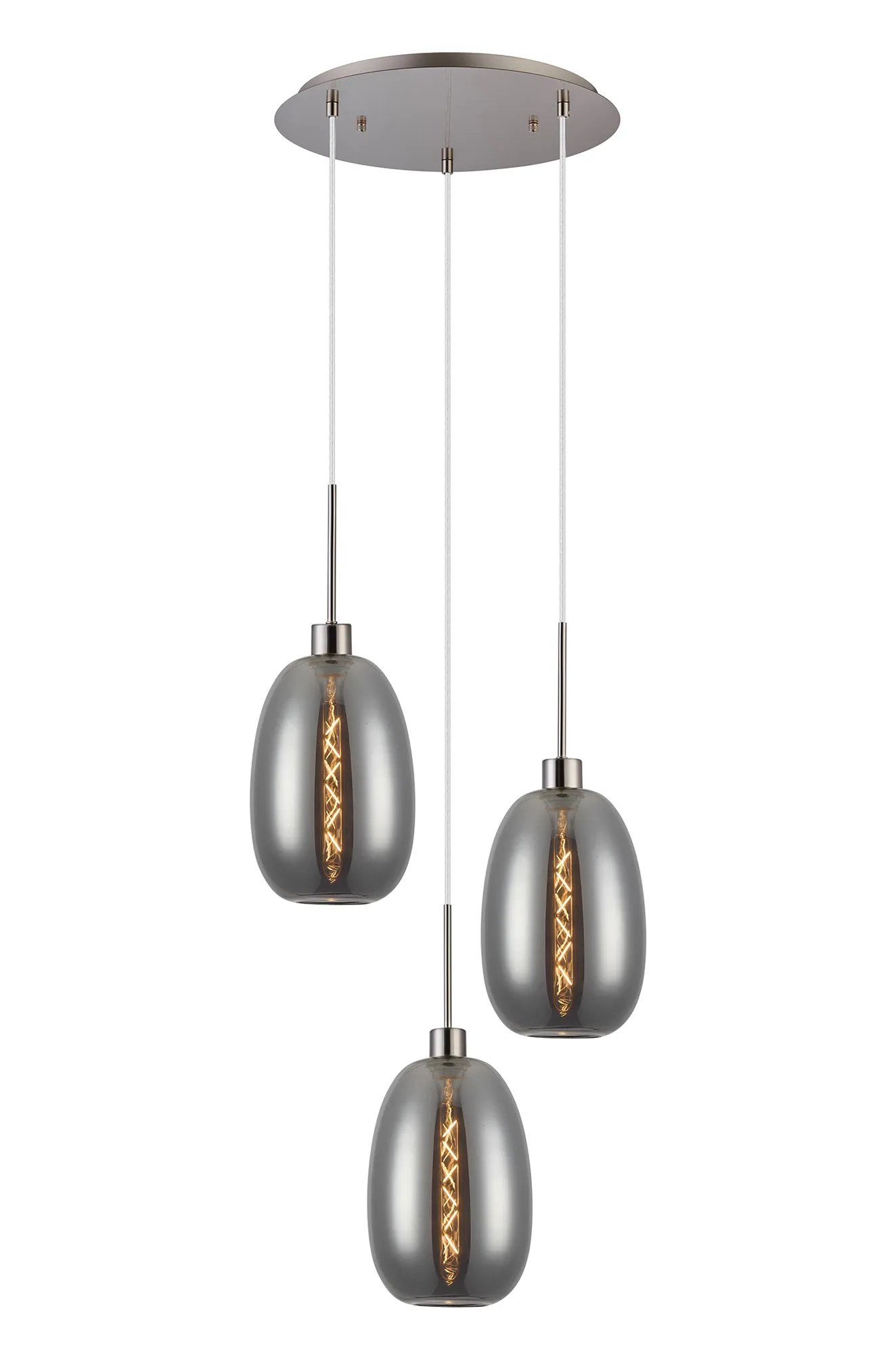 DK1363  Lori 40cm Round Pendant, 3 Light Adjustable E27, Satin Nickel/Smoke Slim Curved Trapezium Shades